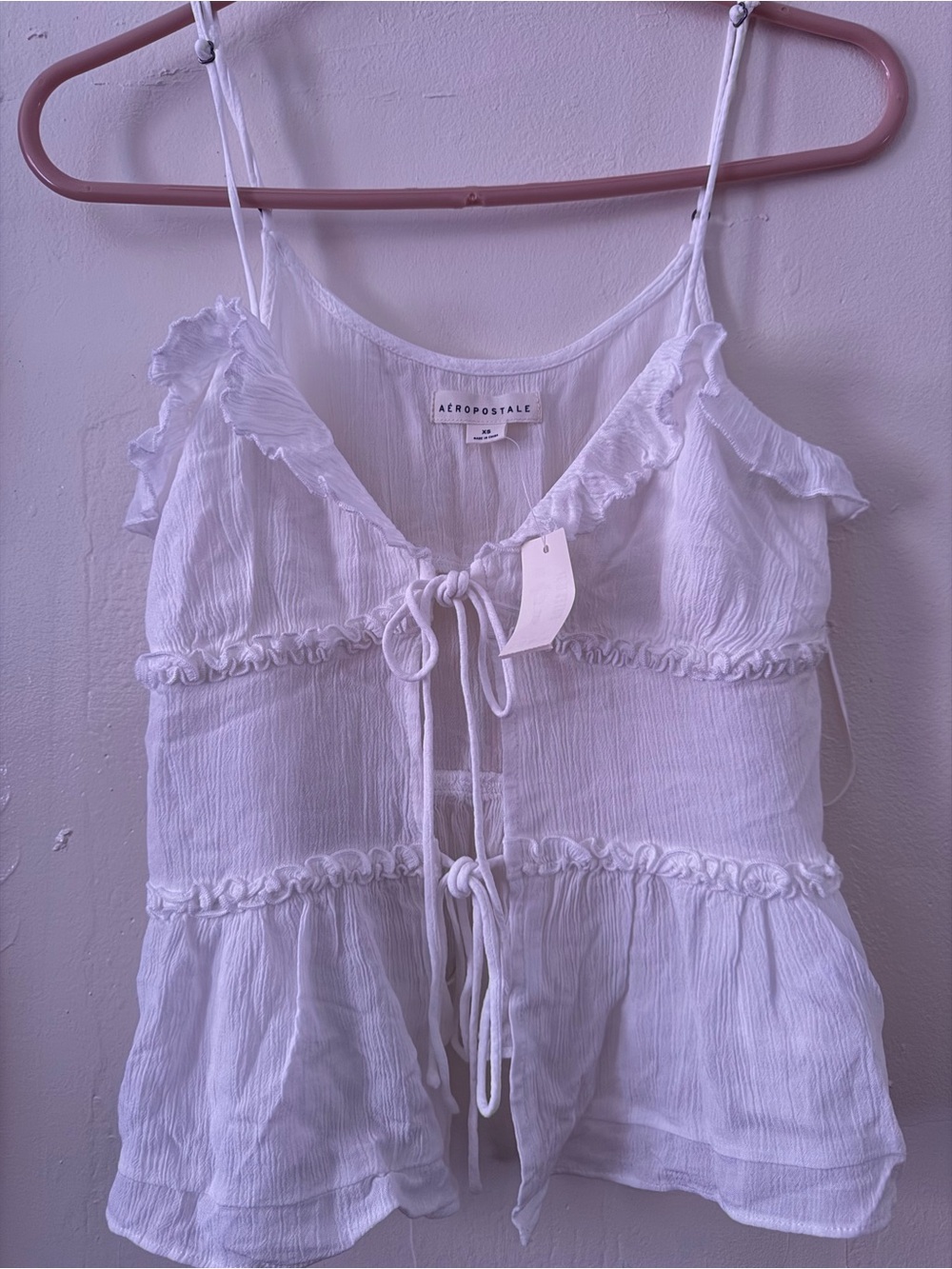 Aeropostale White Tie-Front Ruffle Tank